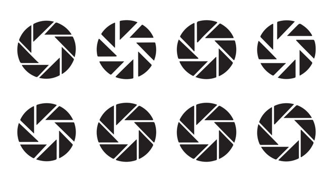 Set of camera shutter aperture icons, photographic lens iris symbol vector, adjustable opening mechanism.