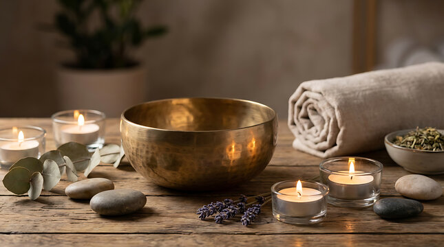 Tibetan brass singing bowl surrounded by flickering candles and organic botanical elements creating a tranquil spa atmosphere for mindfulness meditation spiritual healing and holistic wellness