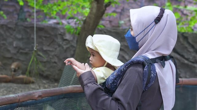 Woman at a zoo with child, observing animals behind a fence. Perfect for illustrating family outings, wildlife conservation, and education.