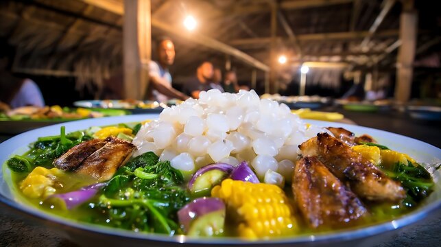 Traditional Lor Mee Soup with Grilled Fish and Vegetables