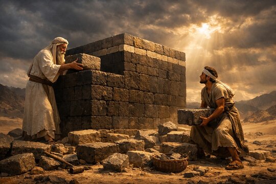 Two men in ancient robes building a stone structure outdoors in desert