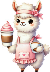 Fototapeta premium Cute alpaca barista coffee ice cream apron cartoon illustration with pink outfit, sweet cafe