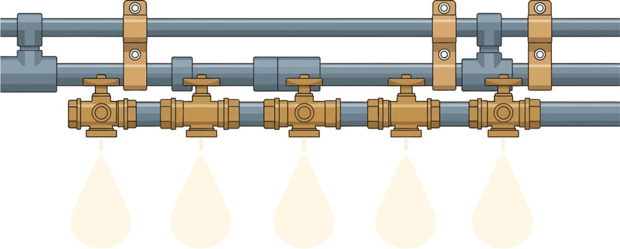 A detailed illustration of a plumbing system with multiple brass valves and dripping liquid, showcasing industrial infrastructure.