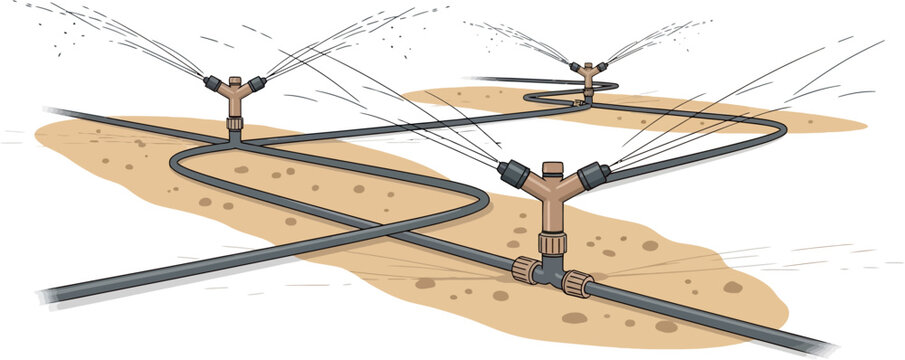 Detailed illustration of an outdoor irrigation system with multiple sprinklers watering patches of dry ground, connected by a network of pipes.