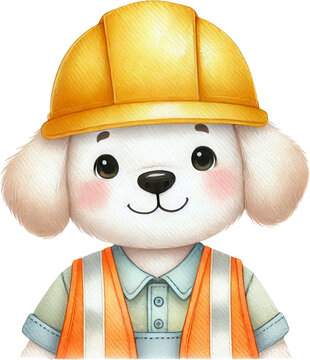 Construction helmet cute dog safety vest worker uniform smiling face animal activity