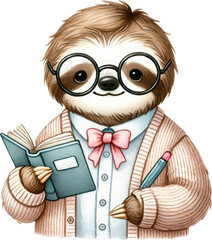 Naklejka premium Cute sloth glasses book pencil watercolor illustration for education