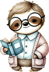 Fototapeta premium Cute sloth reading book cartoon illustration adorable student with glasses holding book