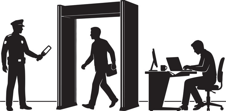 Silhouette of a security checkpoint with officer, person walking through metal detector, and person monitoring screen also transparent background