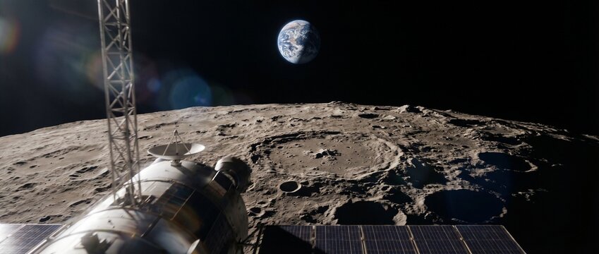 Spacecraft on moon surface with Earth in background  
