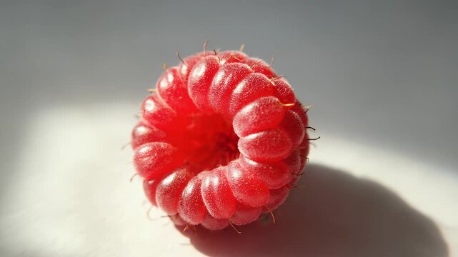 Close-up of a vibrant, ripe raspberry isolated on white background, showcasing intricate texture and juicy freshness for food and nature themes.