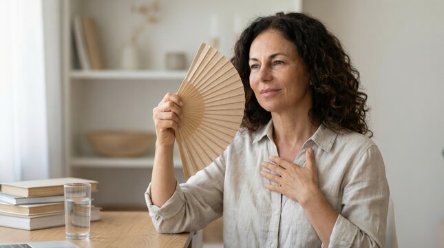 Greek middle-aged woman using a fan for menopause relief