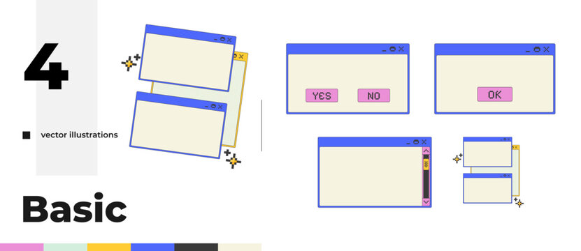 Essential blank pixel art popup windows UI overlay pack. Confirmation dialog boxes. Layered panels. Scroll bar. Blocky interface element collection in retro 8bit style. Bitmap-inspired UX design