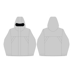 Hooded Windbreaker Jacket front and back view vector mockup. Mountain parka outerwear clothing flat sketch template with technical seams for apparel design. © sigraphics.co
