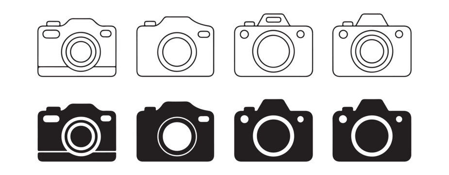 Modern dslr camera icon collection in linear and silhouette styles for photo editor applications and software.