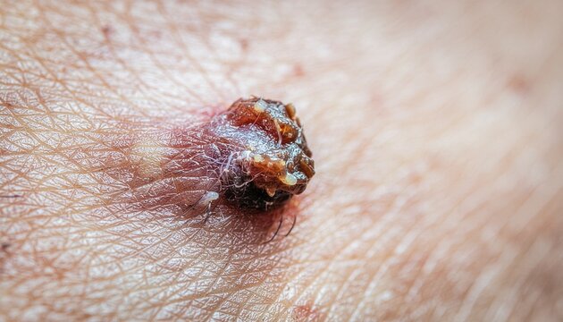 Close-up of a raised dark mole on human skin.
