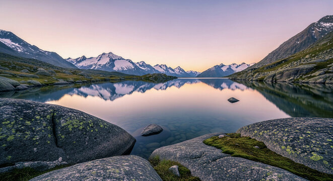 Panoramic View of Triebtenseewli Lake at Sunrise with Mountain Reflection, Grimsel Pass, Swiss Alps
