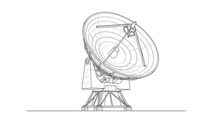 Obraz premium Technical line art drawing of a large satellite dish antenna used for telecommunication and space exploration.