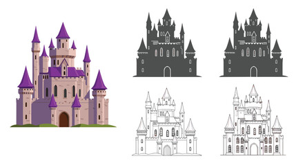Obraz premium Enchanting fairy tale castle illustration is presented in several formats such as colorful artwork, dark silhouettes, and line art.