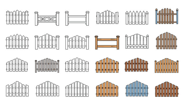 Comprehensive set of wooden fence panels displays many different structural designs and colors for garden and property boundaries.