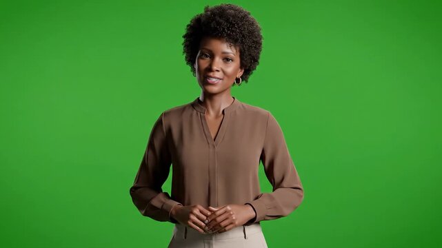 A simple and clean 3D animated female avatar in a brown shirt, presented on a green screen background. Perfect for presentations, explainer videos, or corporate animations.