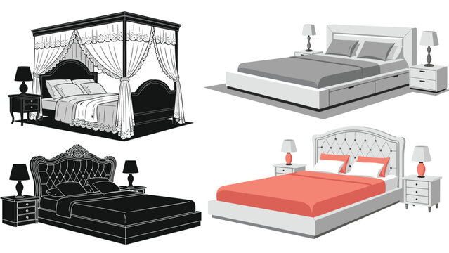 Selection of bedroom furniture showing diverse bed designs from an ornate canopy bed to modern minimalist and luxury tufted styles.
