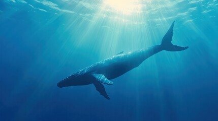 Obraz premium Majestic Whale in the Deep Blue: Witness the serene dance of a solitary whale gliding gracefully through the tranquil, sun-dappled depths of the ocean.
