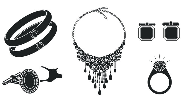Silhouette icons of luxury jewelry pieces include a pearl necklace, diamond ring, elegant bracelets, and square cufflinks set.