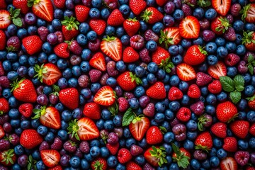 Fototapeta premium Top view of mixed fresh berries filling the frame