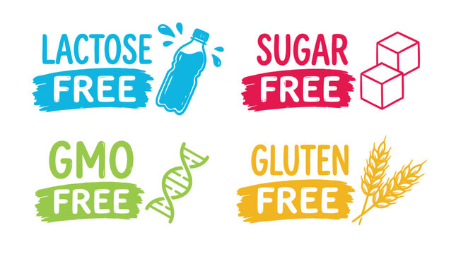 Food allergy and dietary restriction labels lactose sugar gmo and gluten free icons