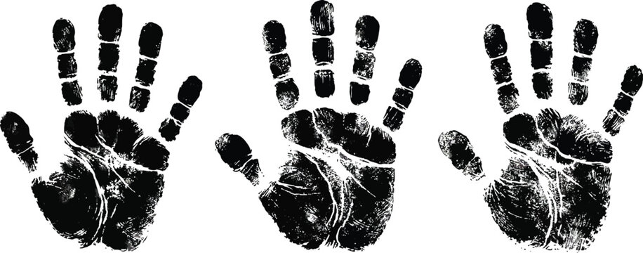 Set of black ink handprint with detailed texture and smudges, isolated on transparent background.
