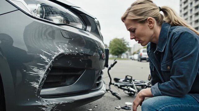 A worried woman touches the scratched bumper of a gray car following a collision with a bicycle. Road safety and insurance concept. Perfect for automotive or legal services content.
