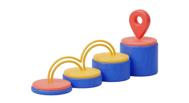 Vector illustration&nbsp;of 3d render of a stepped progress bar with a location pin icon on a transparent background