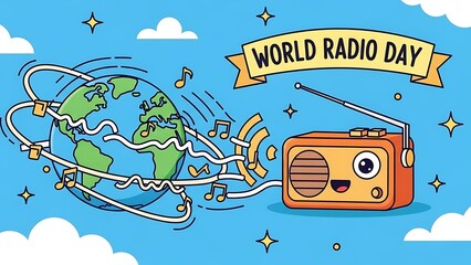 Fototapeta premium World radio day illustration earth globe with antenna and notes on blue background