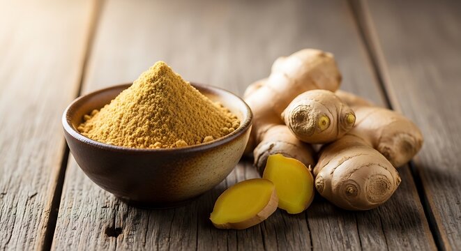 Ginger powder in a bowl with fresh ginger roots on a wooden table. gember