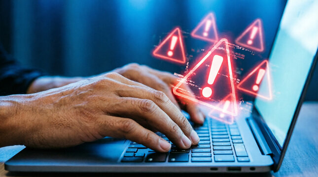 Cybersecurity warnings highlight system risks with urgent alerts in modern office workspace.