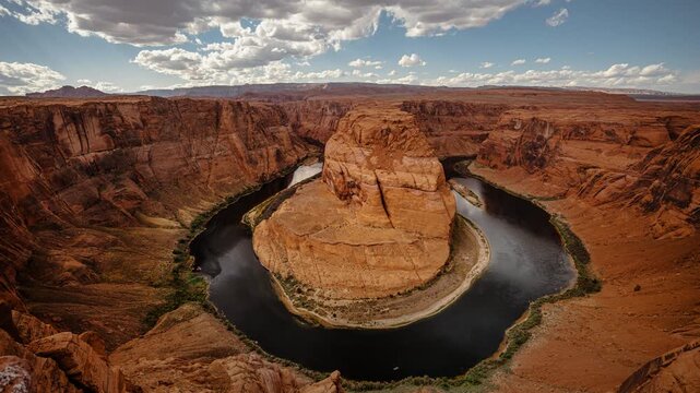 Horseshoe Bend at Grand Canyon with moving clouds and small boats, Arizona, forward moving time lapse