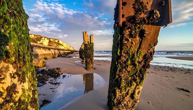 Wooden structures frame a sandy beach at low tide, reflecting in shallow pools under a cloudy, blue sky. Coastal scene