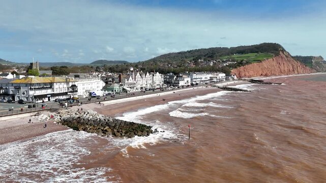 Sidmouth seafront houses and beach aerial Devon UK
