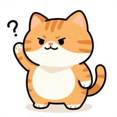Obraz premium A Cute Cartoon Orange Tabby Cat with a White Belly, Furrowed Brows, and a Raised Paw Next to a Question Mark, Isolated on White Background, Perfect for App Icons, Web Design, or Digital Illustration