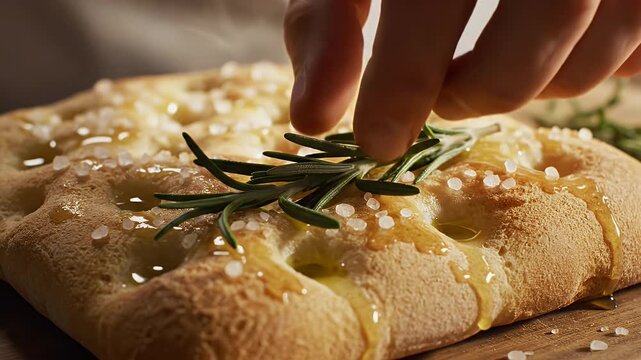 Hand seasoning focaccia bread with rosemary and sea salt artisanal baking style