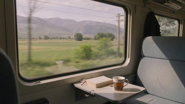 A train interior view with a seat beside a window showing travel perspective.