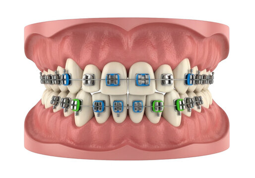 Realistic dental braces on upper teeth model ideal for healthcare visuals on transparent background