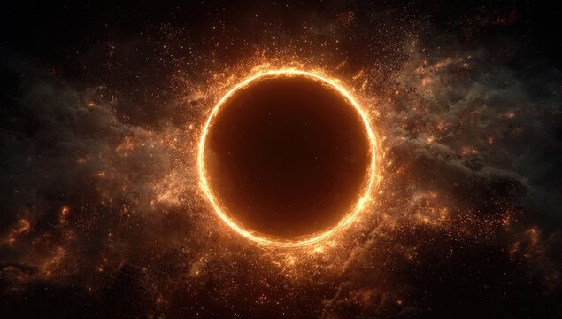 Fiery celestial orb with glowing halo and smoky cosmic clouds
