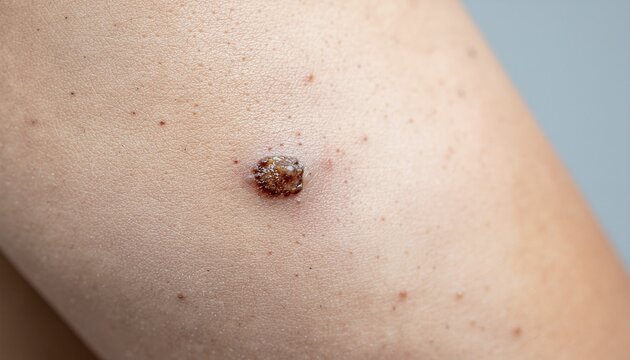 Close-up of a raised dark mole on human skin.
