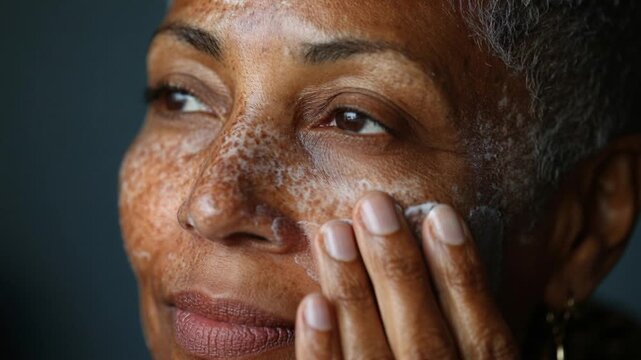 Happy mature african-american wooman applying cream, ointment or foam to face with vitiligo spots and white hair on temples, close-up. Diversity, imperfections of skin, acceptance and treatment