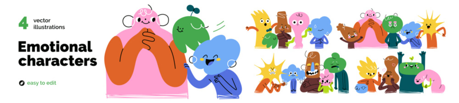 Cute funny characters groups with different emotions, face expressions. Positive and negative feelings, good and bad, happy and sad mood. Colored flat vector illustrations isolated on white background