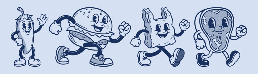 Vector illustration collection pack set of retro groovy cartoon character. retro mascot cartoon characters, groovy cartoons vintage rubber hose style © Royalika