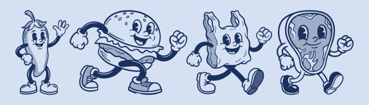 Vector illustration collection pack set of retro groovy cartoon character. retro mascot cartoon characters, groovy cartoons vintage rubber hose style