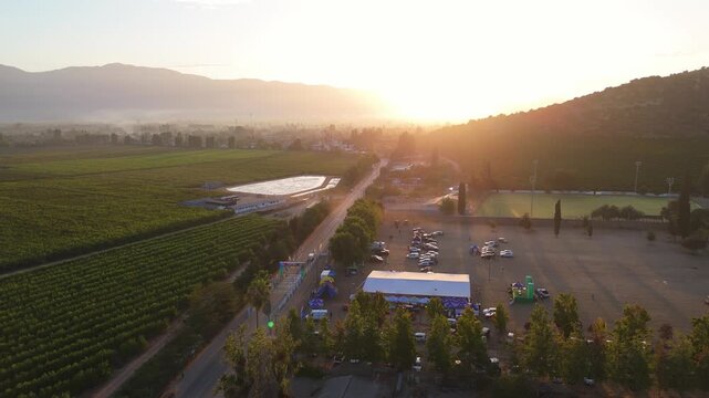 Hectares of green grapevines, with a warm sunrise and with old houses and a pasture with parked vehicles in the Bernardo O'Higgins region, country of Chile