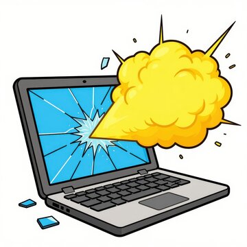 Cartoon Illustration of a Laptop with Shattered Screen and Explosive Impact Effect Showing Device Damage or Crash Concept in Vector Style for Technology and Data Loss Themes